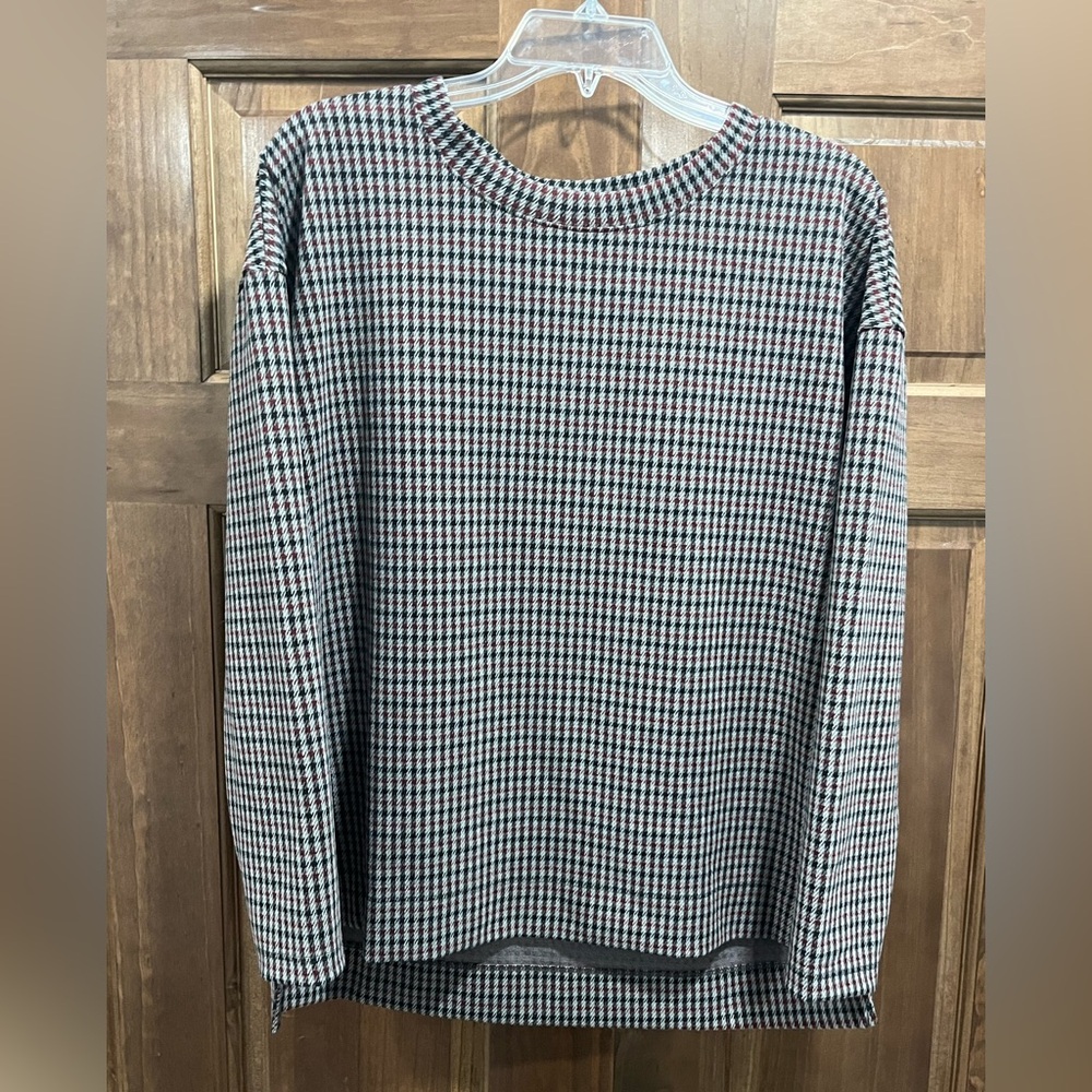 LOFT Women’s Houndstooth Hi Low Long Sleeve Top, Size Medium